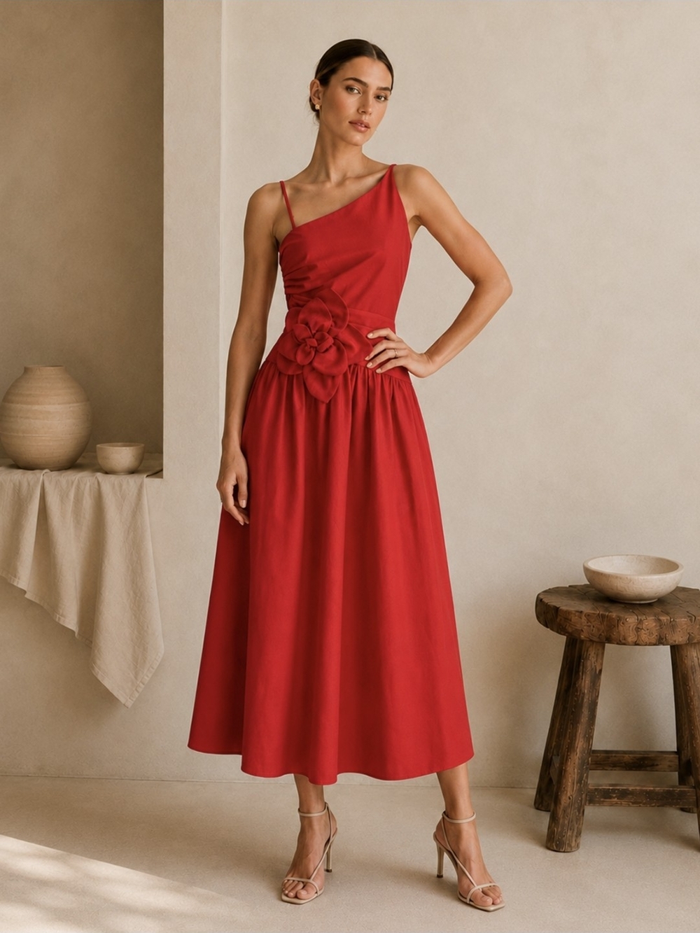 Commense Red One-Shoulder Floral-Waist Midi Dress